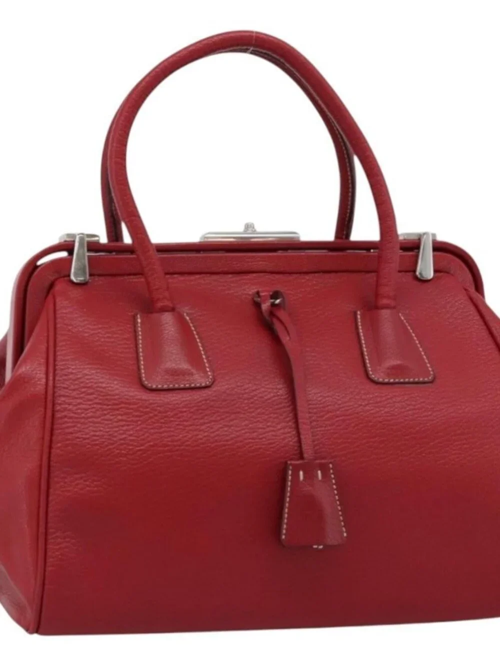 PRADA Hand Bag Leather Red Silver Auth